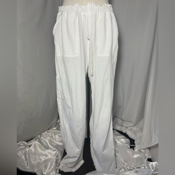 White Linen Blend Lounge Pants Women’s Drawstring Coastal Boho Minimalist Sm - Picture 6 of 6